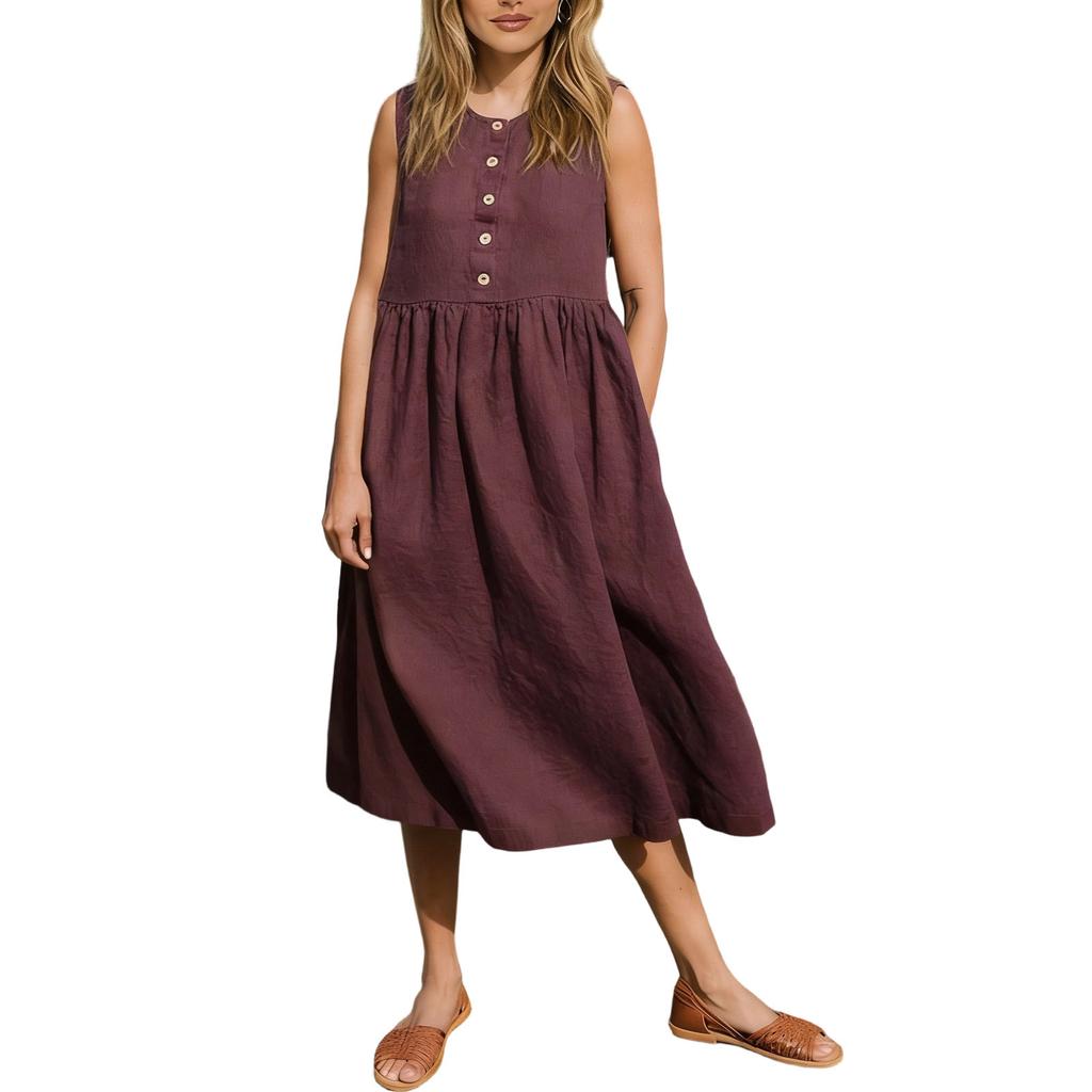 Women's Color Cotton Linen Dress With Sleevesless And Pockets