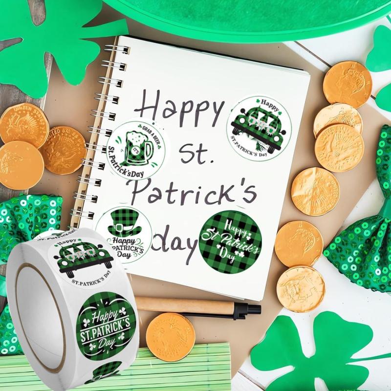500Pcs/roll St Patricks Day Stickers,Shamrock Clover Label Party Decals Seals Cards Envelopes Rewards Scrapbooking Decorations