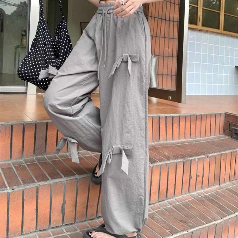 Simple Style Drawstring Bowknot Casual Pants for Women Summer High Waist Slim Loose Versatile Wide Leg Long Pants