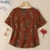 ZANZEA Women Casual Round Neck Half Sleeve Loose Floral Print Blouse