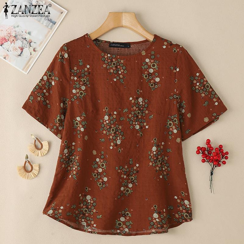 ZANZEA Women Casual Round Neck Half Sleeve Loose Floral Print Blouse