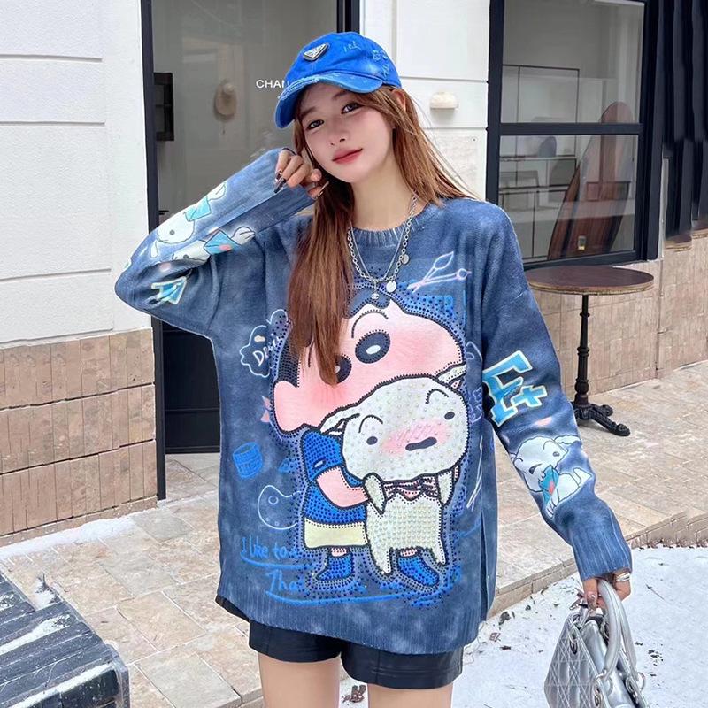 Women's Cartoon Rhinestone Long Sleeve Sweater - Chic Korean Style Loose Knit Round Neck Top for Autumn/Winter