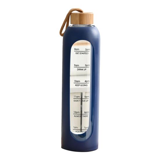 Glaswasserflasche 1 Liter Fassungsvermögen Trinkflasche mit Zeitmarkierung Silikonhülle Auslaufsicherer Ausgießerdeckel Weiter Mund Wasserbecher