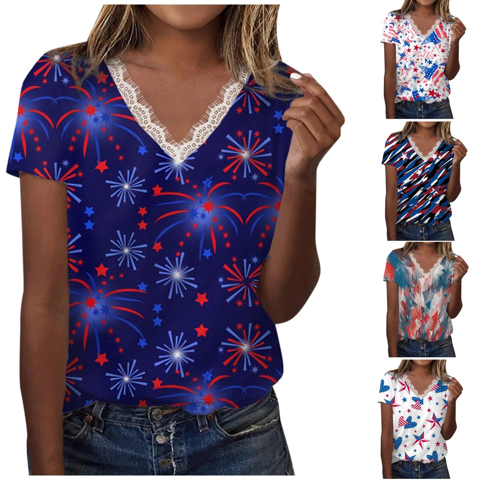 

Кружевной лоскутный топ с v-образным вырезом и короткими рукавами, футболка с принтом ко Дню независимости