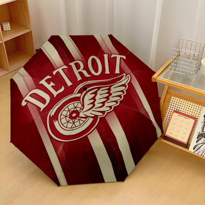 Detroit Red Wings Print Auto 8?Ribs Folding Umbrella Wind Resistant Lightweight Automatic Umbrella For Daily Travel