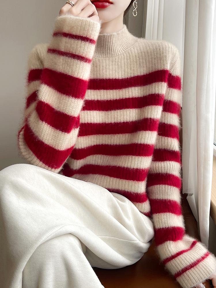 100% Wool Striped Sweater: Thick, Warm, Versatile Knitwear for Autumn/Winter