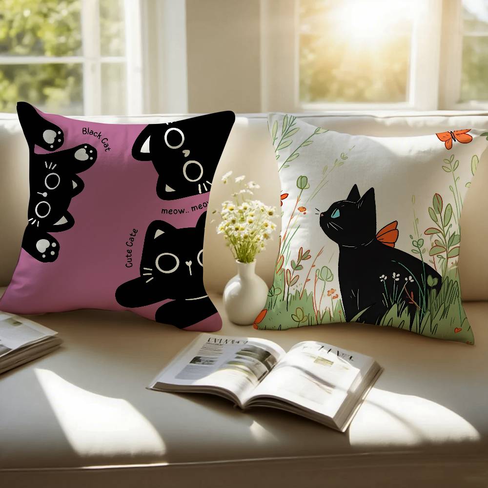 Cute Cartoon Little Black Cat Pillow Case Anti-dustmite Pillowcase Invisible Zipper Silky Short Plush Sofa Cushion Cover
