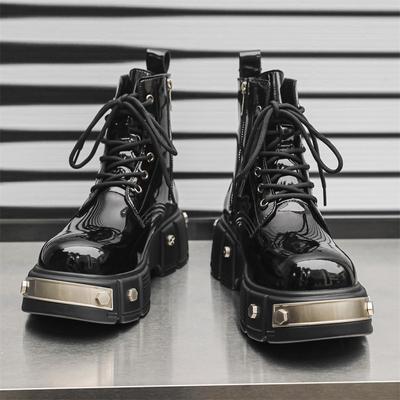 Fashion 2024 New Men's Boots Black Patent Leather Platform Punk Style Fashion Rivet Metal Decoration Motorcycle Boots Male Shoes Zapatos