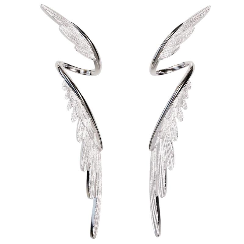 2PCS Simple Alloy Long Wing Stud Temperament Feather Earrings Silver Wings Shape Elf Ear Cuff Earrings Jewelry Accessories Gifts