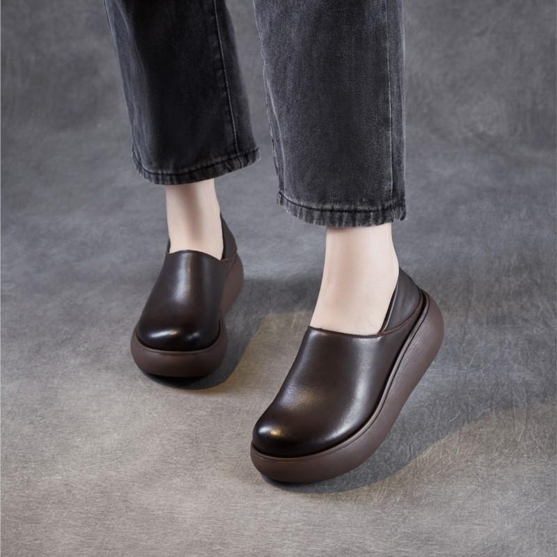 Johnature Genuine Leather Thick Soled Loafers Retro Round Toe Women's Slip-on Flat Platform Shoes
