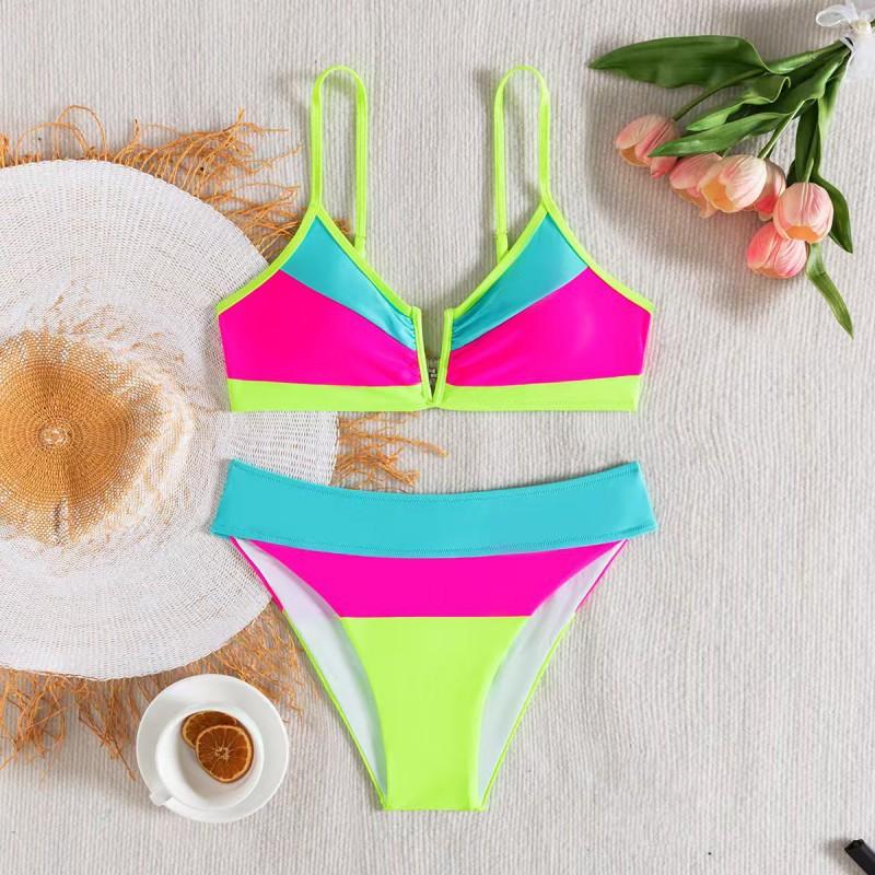 Split Swimsuit Female Fluorescent Contrasting Color Stitching Bikini Women V-neck High-waist S