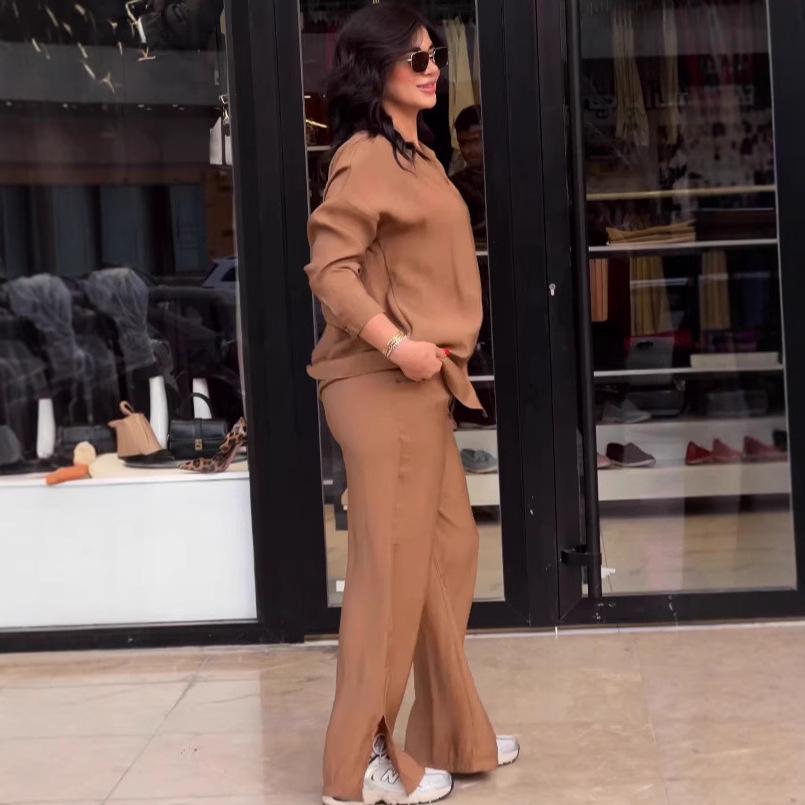 

Осень 2025 Западная мода Рубашка с длинным рукавом и брюки с высокой талией Набор из двух предметов для женщин Double Extra Large хаки