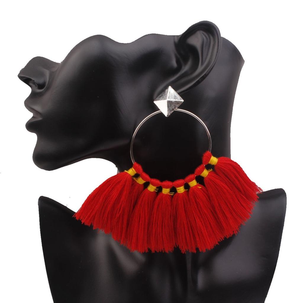 Bohemia Ethnic Long Tassels Dangle Earrings Women Girls Double Circle Thread Handmade Carmine