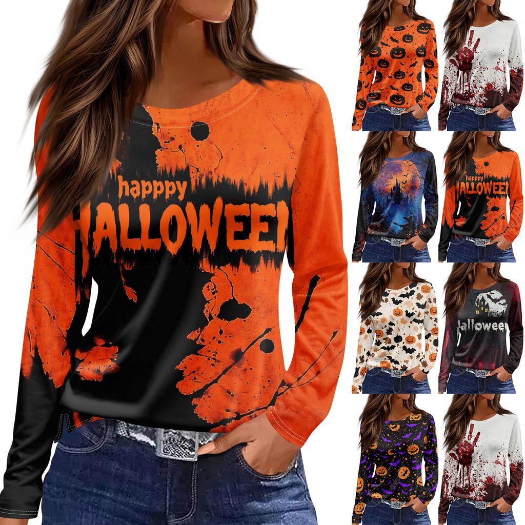 Women's Halloween Print Long Sleeve Top with Side Slit Round Neck for Casual Everyday Wear