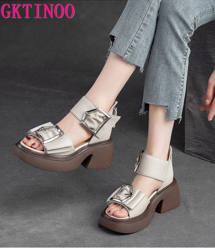 Mode GKTINOO Knöchelriemen Sommer Mode Damen Sandalen Offene Zehen Plateau Schuhe Hohe Dicke Absätze Weiblich Schwarz Einzigartige Party Schuhe 35-40