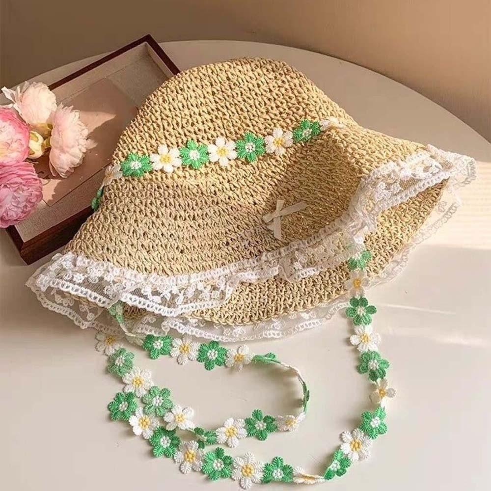 With Garland Big Brimmed Straw Hat Breathable Woven Sun Cap Elegant Vacation Beach Cap  Women