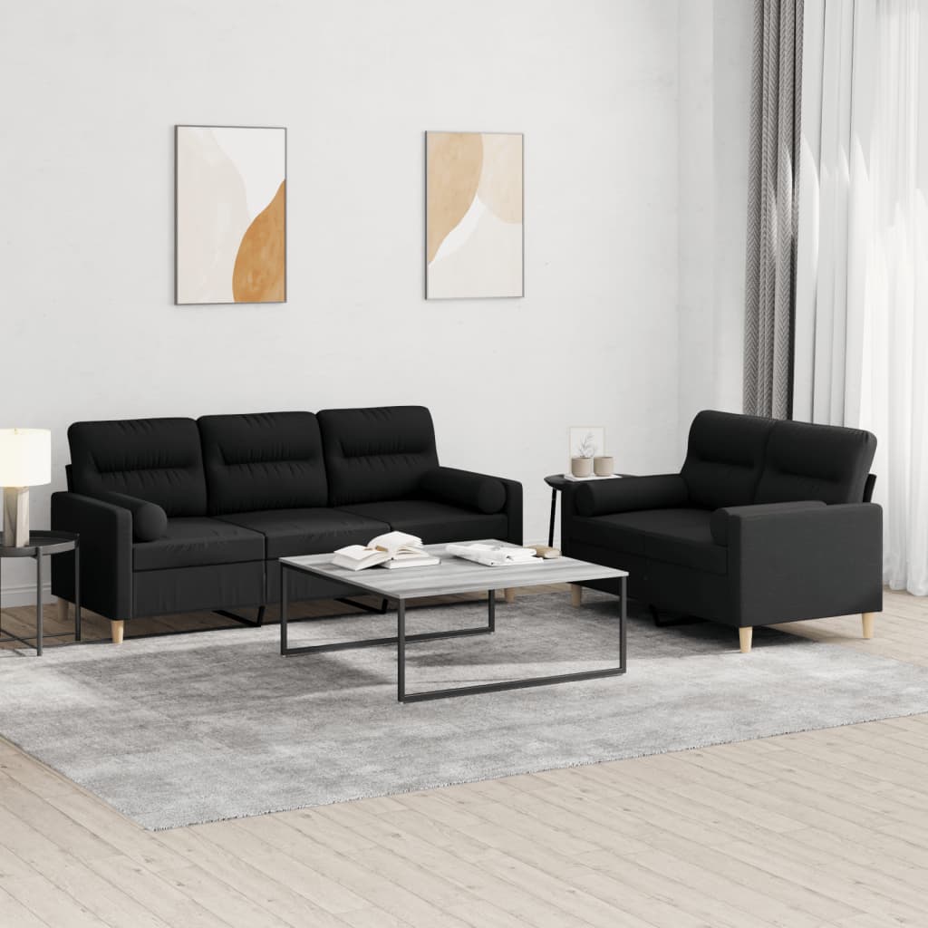 2 Piece Sofa Set with Cushions Black Fabric