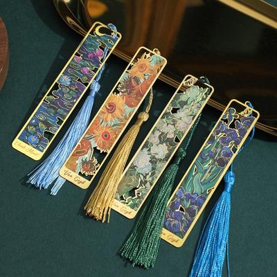 Retro Oil Painting Metal Bookmark Tassel Pendant Ruler Reading Book Clip Student Gift School Office Supplies Pagination Mark