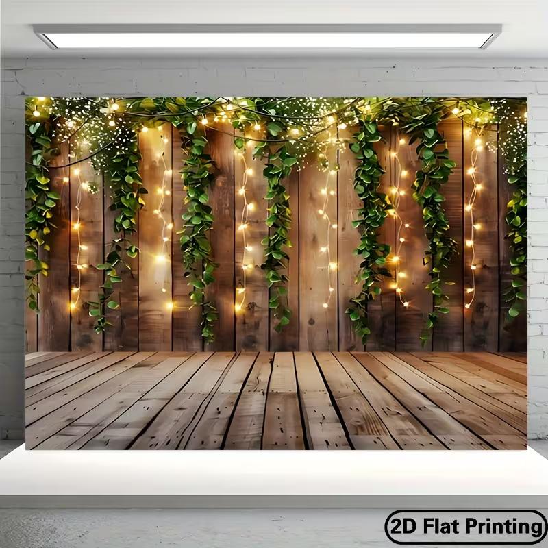 2D Boho Wooden Wall Backdrop with Leaves and String Lights Party Photo Background Banner