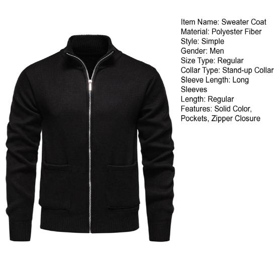 Men Knitted Jacket Stand Collar Long Sleeve Zipper Closure Sweater Coat with Pockets Thickened Plush Lining Knitwear