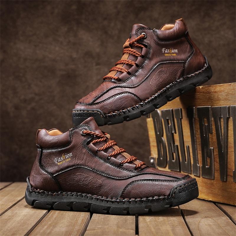 Men's High-top Casual Sneakers Handmade Leather Shoes Plus Size 39-48 Spring & Autumn
