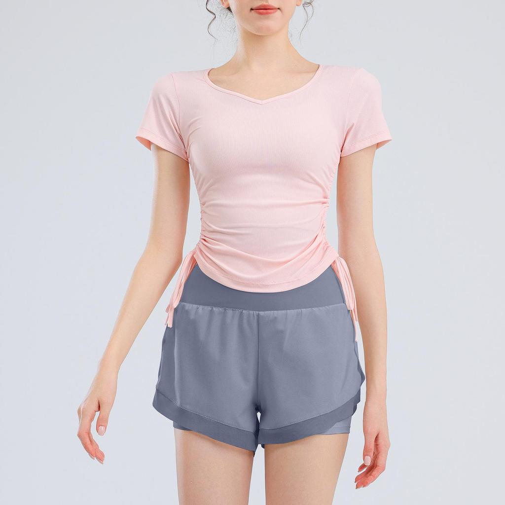 Women's V-Neck Short Sleeve Sports T-Shirt - Solid Color, Breathable, Slimming Fitness Top for Spring/Summer.