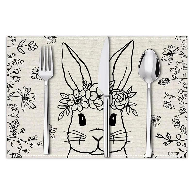 

4PC New Easter Bunny Placemat Holiday Party Table Decoration Table Mat Linen Printed Insulation Mat 30x45cm-4PC