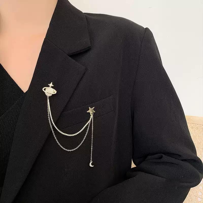 Chain Tassel Planet Suit Pin Brooch Single-Stitched Corsage Mourning Brooch