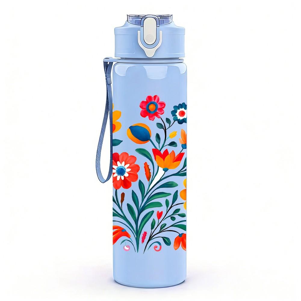 1PC Colorful Folk Floral Bouquet Print 750ml Color Plastic Sports Water Bottle Leakproof Flip Straw Lid Suitable for Sports Office Home Use