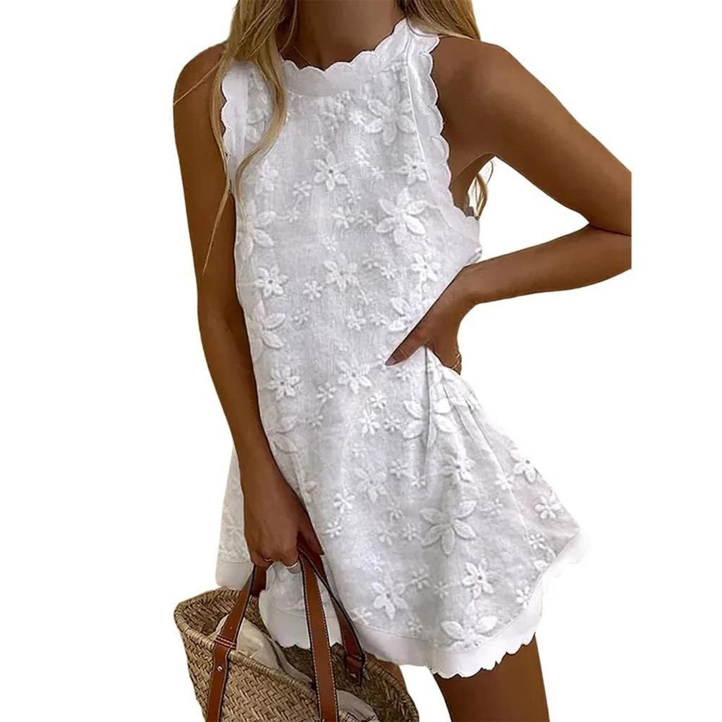 Women's Spring/Summer Solid Scalloped Trim Sleeveless Casual Dress