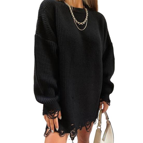 Women Sweater Three-Dimensional Tailoring Loose Fit Soft Knitted Sweater O-Neck Long Sleeve Ripped Holes Mid-length Tops