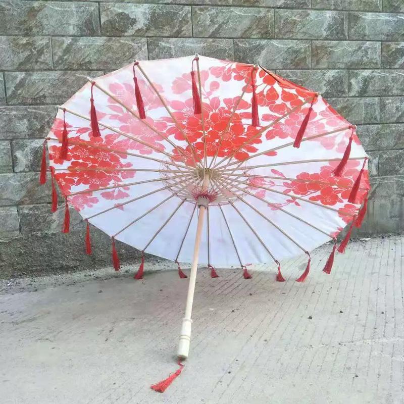 1PC with Tassel Classical Women's Umbrella for Hanfu Accessories Satin Cloth Photograph Props Fairy Ancient Parasol