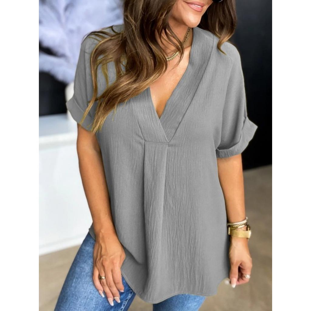 Women V Neck Short Sleeve Blouse Relaxed Fit Lightweight Summer Top Casual Loose Fit Shirt for Daily Wear Office and Travel