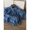Ins Korean Style Baby Spring Clothing New Model, Stylish and Cute Denim Romper with Turn-Down Collar and Puff Sleeves for Baby Girls