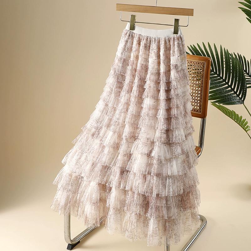 DIMANAF 2025 Summer Women Skirts Vintage Elastic Pleated Elegant Long Skirts New Lace Blue High Waist