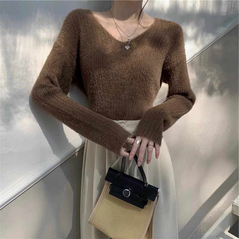 Women's Slim Fit V-Neck Knitted Sweater - Soft Imitation Mink, Perfect for Spring, Autumn, and Winter.
