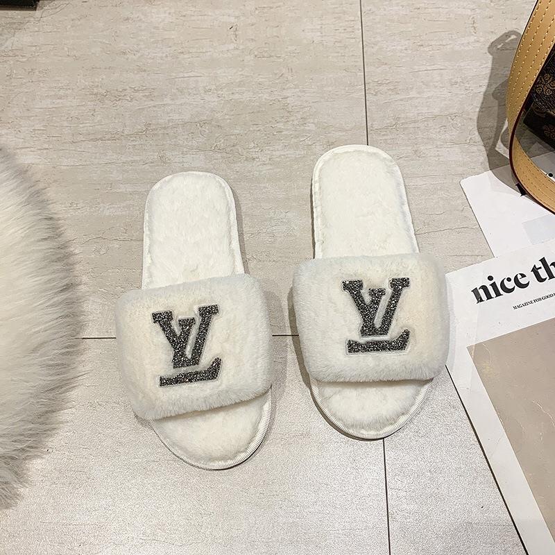 Large Size Fluffy Slippers Autumn and Winter New Home Flat Bottom Warm One-word Slippers Fashion Cotton Slippers