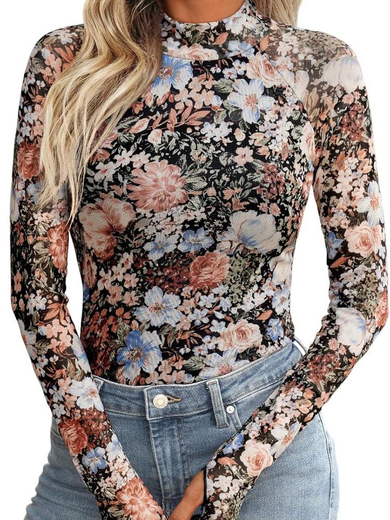 Turtleneck Long Sleeve Lace Floral Mesh Undershirt Top Women's