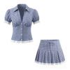 Retro Spicy Girl Set: 2026 Blue Plaid Cinched Shirt + Low-Waist Lace Mini Skirt for Women