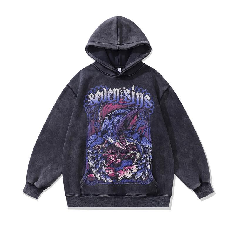 American High Street Skull Direct Injection Printed Hoodie Retro Old 430G Cotton Loose Wash Sweater Men