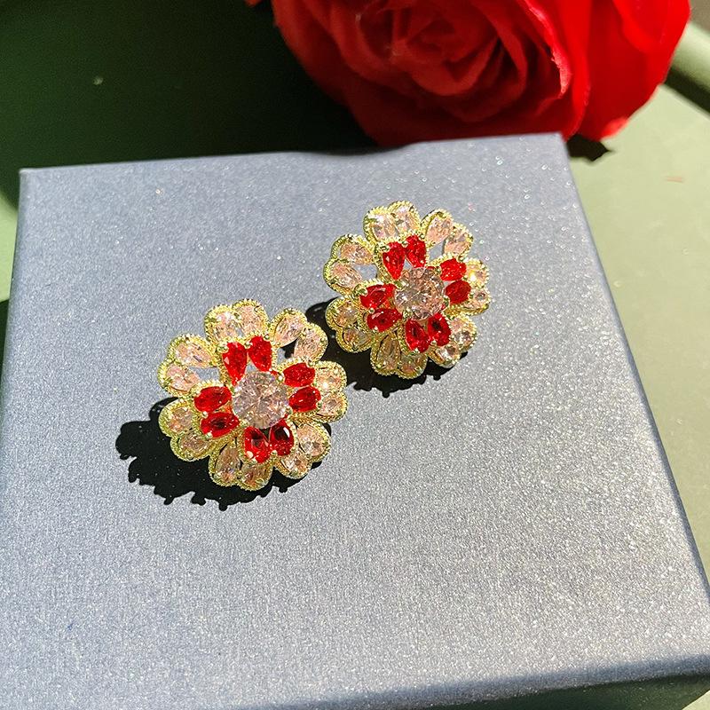 Fashion 925 Silver Needle Earrings for Women Temperament Gradient Cubic Zirconia Colorful Daisy Flowers Sweet Earring Jewelry