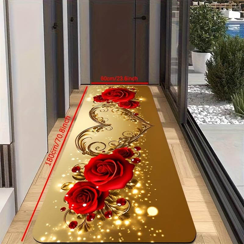 1Pcs Anti Fatigue Kitchen Rugs Golden Heart Shaped Rose Print Waterproof Non Slip Thick Cushioned Mat
