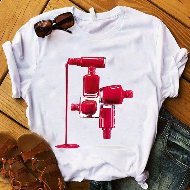 

Korean Fashion Casual 3D Color Nail Polish Print Women T-Shirt White Round Neck Short Sleeve Summer Blouses Kpop Ladies Tops Y2K S білий