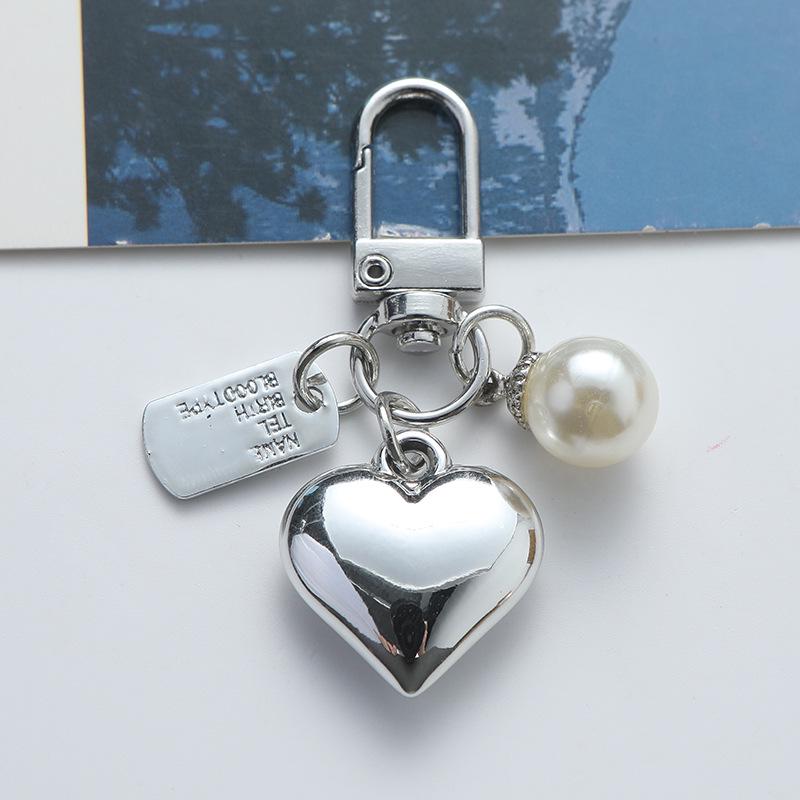 Acrylic Heart Keychain with Pearl Letter Tag & Metal Charms for Earphone Case or Bag Decor