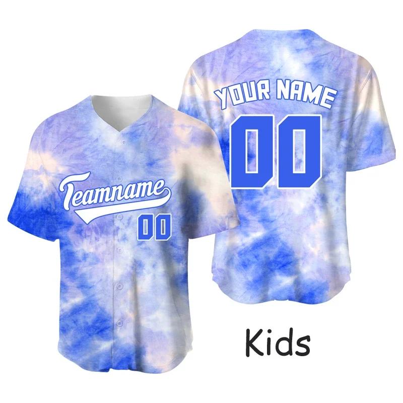 Camisa de beisebol personalizada tie-dye para crianças, camisa de jogo de equipe, camisetas esportivas de sublimação, secagem rápida, uniforme de beisebol esportivo