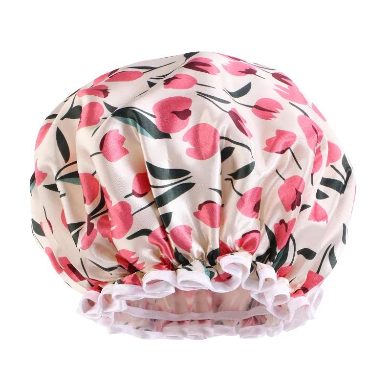 Large Lace Satin Anti-fume Cap PE Lined Waterproof Shower Cap Beauty Home Cap