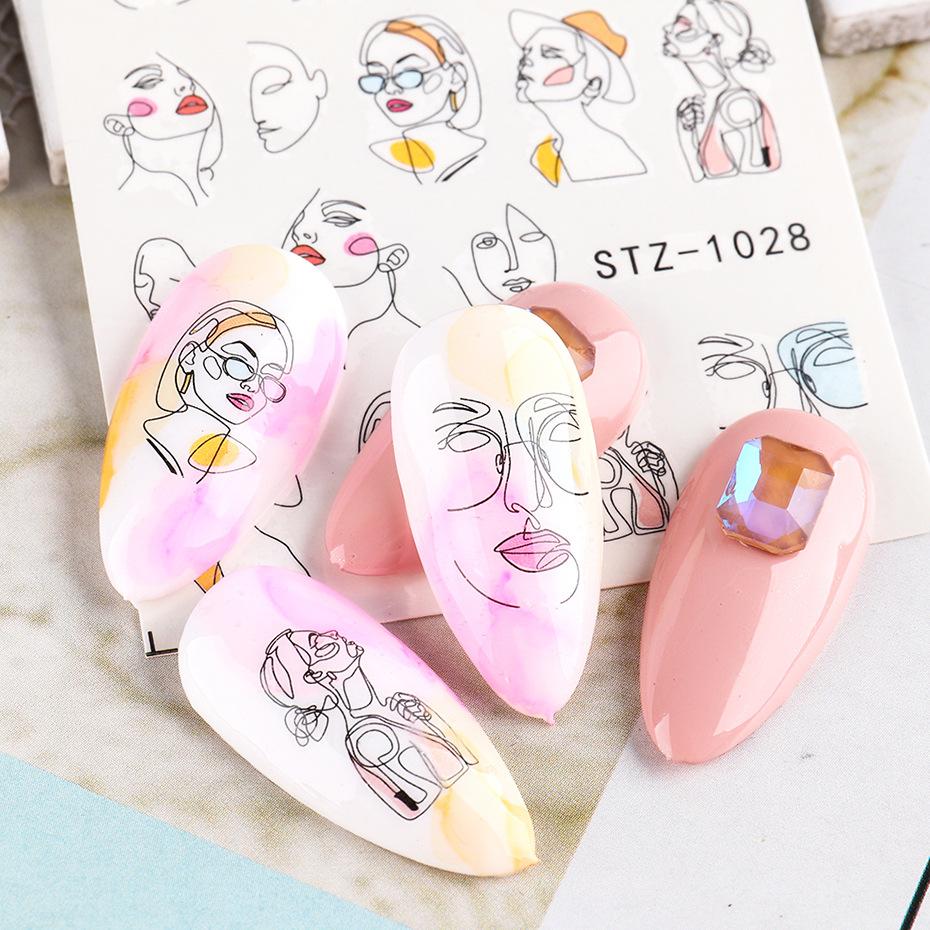 4 Sheet Nail Water Sticker DIY Black Abstract Face Image Nail Art Decoration Manicure Creative Designs Watermark Decals Tool