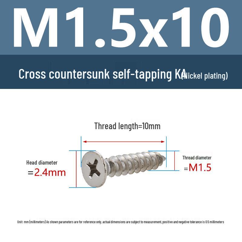 YiguYigu Nickel-Plated Phillips Flat Head Self-Tapping Screws M1-M5, Carbon Steel