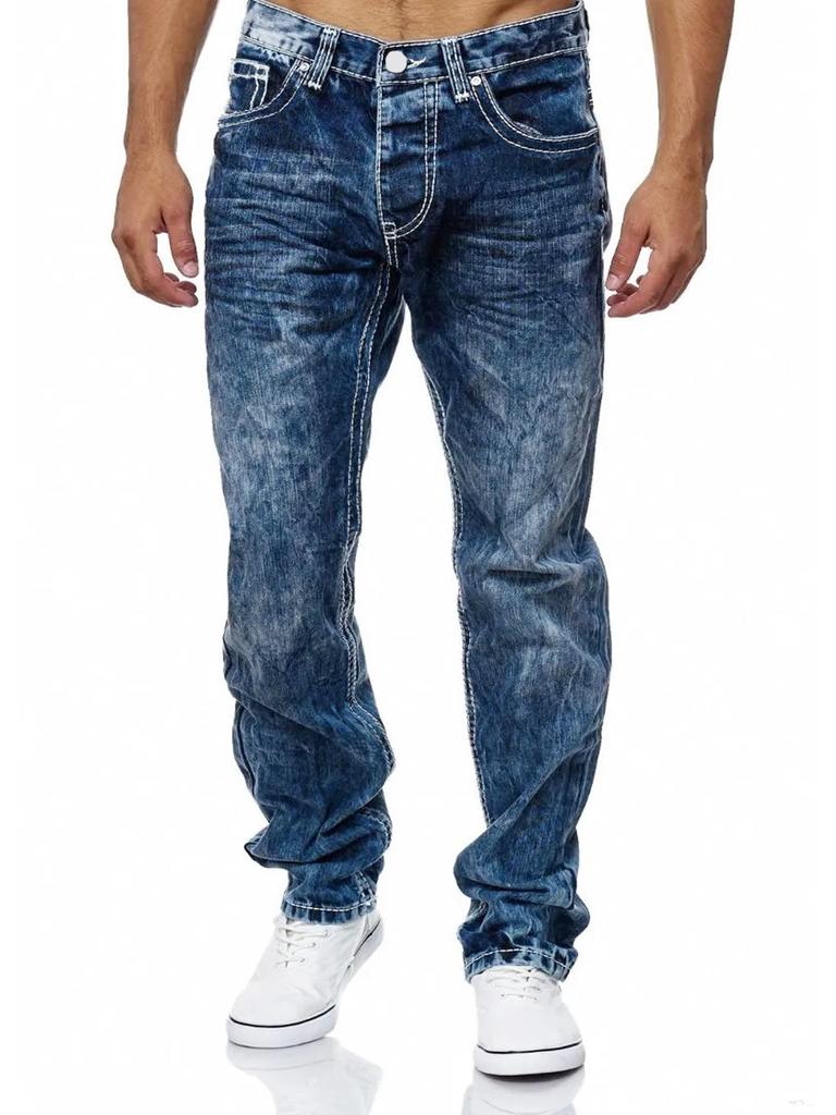Pánske rovné džínsy z odreninového svetlomodrého a tmavomodrého a čierneho denimu s bielym prešívaním