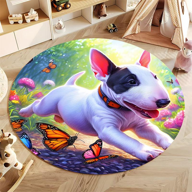 Free shipping! Playful Puppy and Butterfly Garden Round Rug round carpet for home sofa bedroom, gift